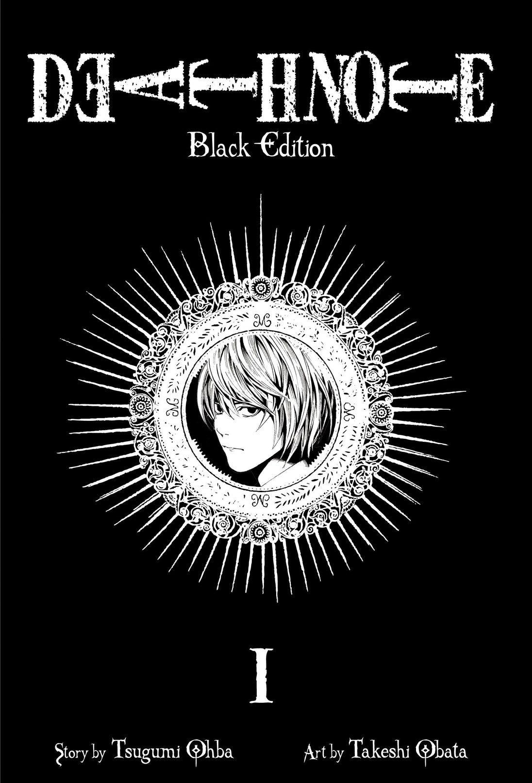 Black and White Manga Cover With the Title Death Note Black Edition and Volume 1 In Roman Numerals with a portrait shot of Light Yagami in the middle of the cover inside of an ornate circle