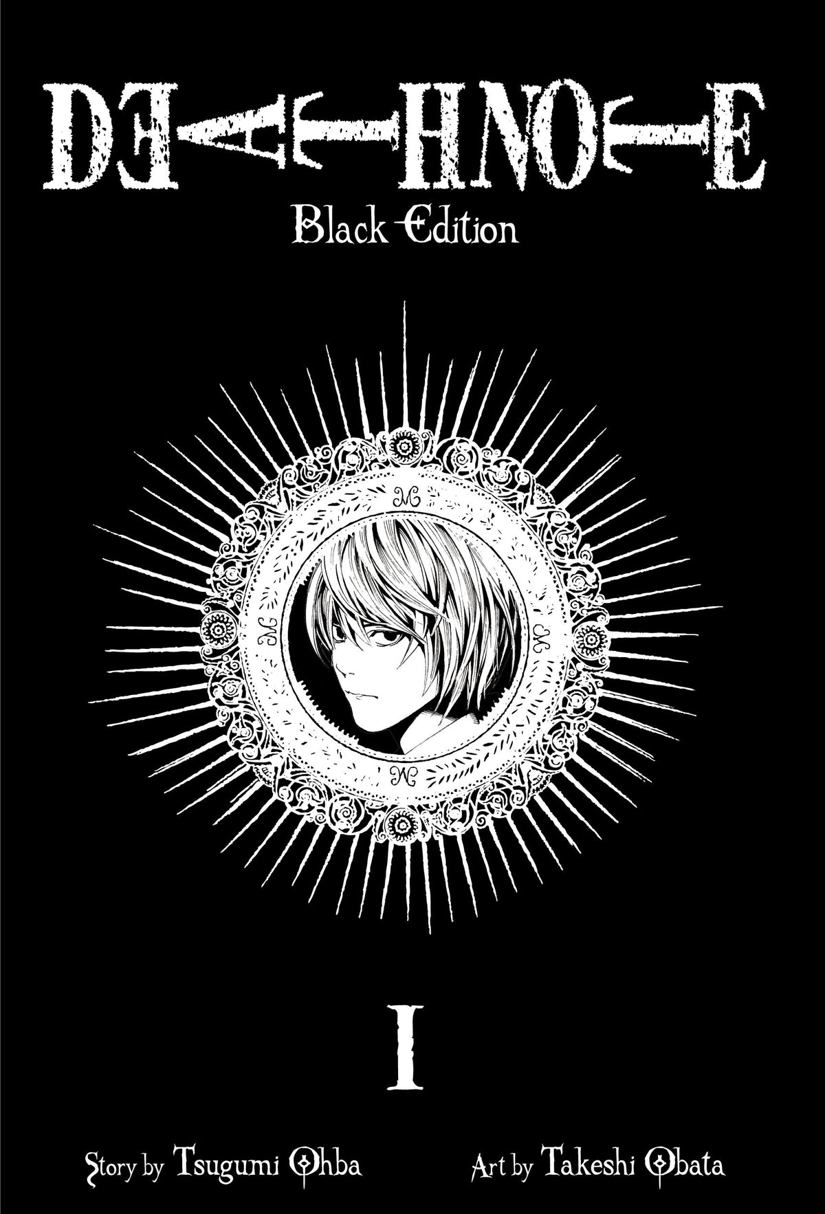 Black and White Manga Cover With the Title Death Note Black Edition and Volume 1 In Roman Numerals with a portrait shot of Light Yagami in the middle of the cover inside of an ornate circle