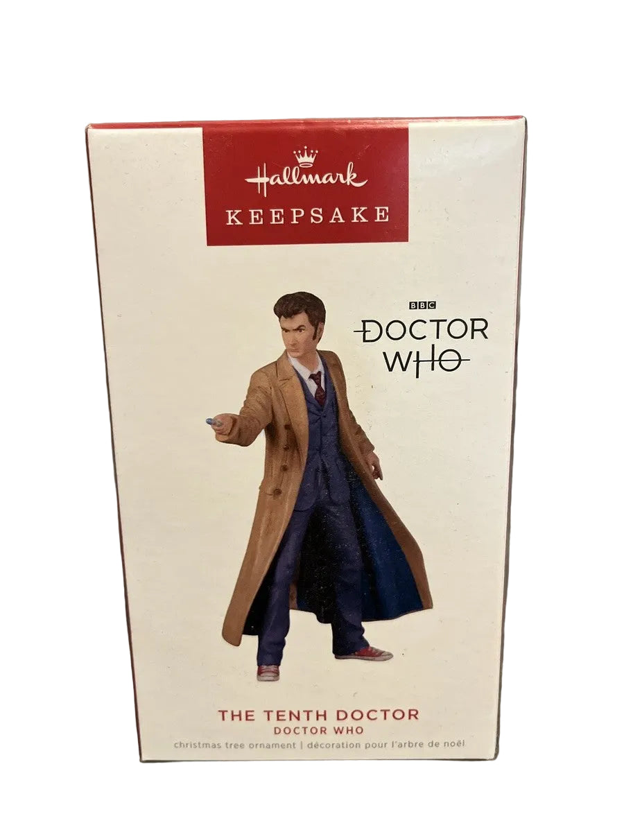 White Box with Red Hallmark Keepsake Branding on top with David Tennant's version of the Doctor Holding out his sonic screwdriver in his brown trench coat.
